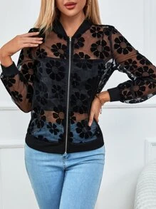 拉鏈開襟花卉圖案歐根紗飛行員夾克