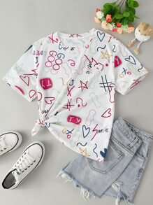 SHEIN LUNE Heart & Letter Graphic Tee - Multicolor - View 1