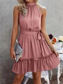 Vestido halter con cordón trasero bajo con fruncido con cinturón - Rosa vieja - Ver 1