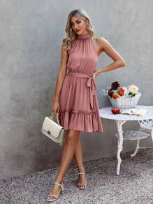 Vestido halter con cordón trasero bajo con fruncido con cinturón - Rosa vieja - Ver 4