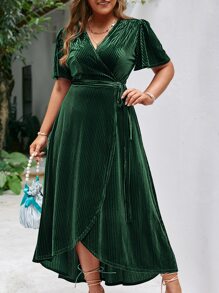 Simplee Plus Flutter Sleeve Tie Side Wrap Velvet Dress - Dark Green - View 1