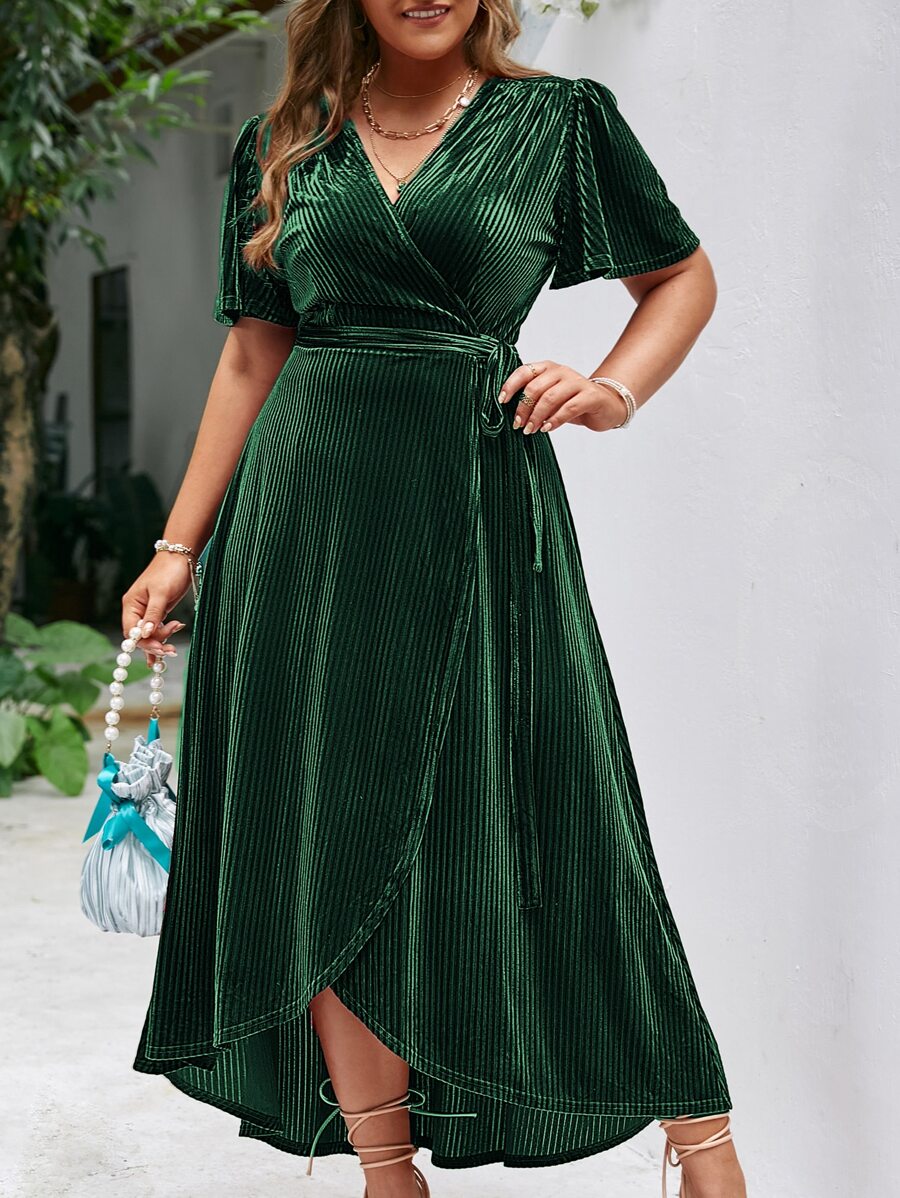 Simplee Plus Flutter Sleeve Tie Side Wrap Velvet Dress - Dark Green - View 1
