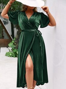 Simplee Plus Flutter Sleeve Tie Side Wrap Velvet Dress - Dark Green - View 5