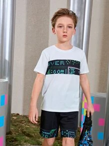 SHEIN Boys Gamepad and Letter Graphic Top & Shorts Set - Multicolor - View 6