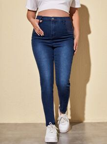 SHEIN 孕妇高腰紧身牛仔裤 妈妈牛仔裤 - 深色水洗藍 - 查看 4