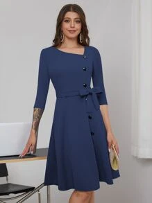 Đầm Thắt lưng Dây kéo Nút phía trước màu trơn Thanh lịch - Màu xanh hải quân - Xem 1
