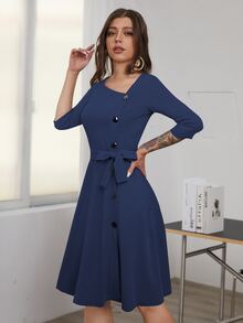 Đầm Thắt lưng Dây kéo Nút phía trước màu trơn Thanh lịch - Màu xanh hải quân - Xem 3