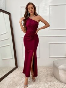 SHEIN Belle Burgundy Red Floral Lace Panel One Shoulder Split Thigh Dress - Burgundy - View 6