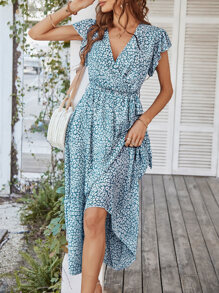 Ditsy Floral Print Ruffle Hem Belted Dress - Blue and White - View 1