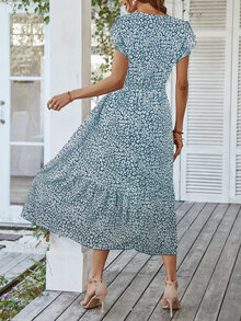 Ditsy Floral Print Ruffle Hem Belted Dress - Blue and White - View 2