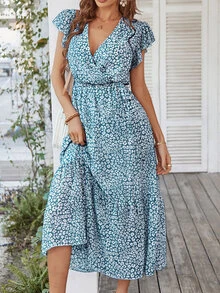 Ditsy Floral Print Ruffle Hem Belted Dress - Blue and White - View 7