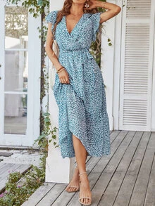 Ditsy Floral Print Ruffle Hem Belted Dress - Blue and White - View 3