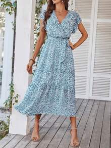 Ditsy Floral Print Ruffle Hem Belted Dress - Blue and White - View 5