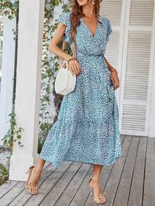 Ditsy Floral Print Ruffle Hem Belted Dress - Blue and White - View 4