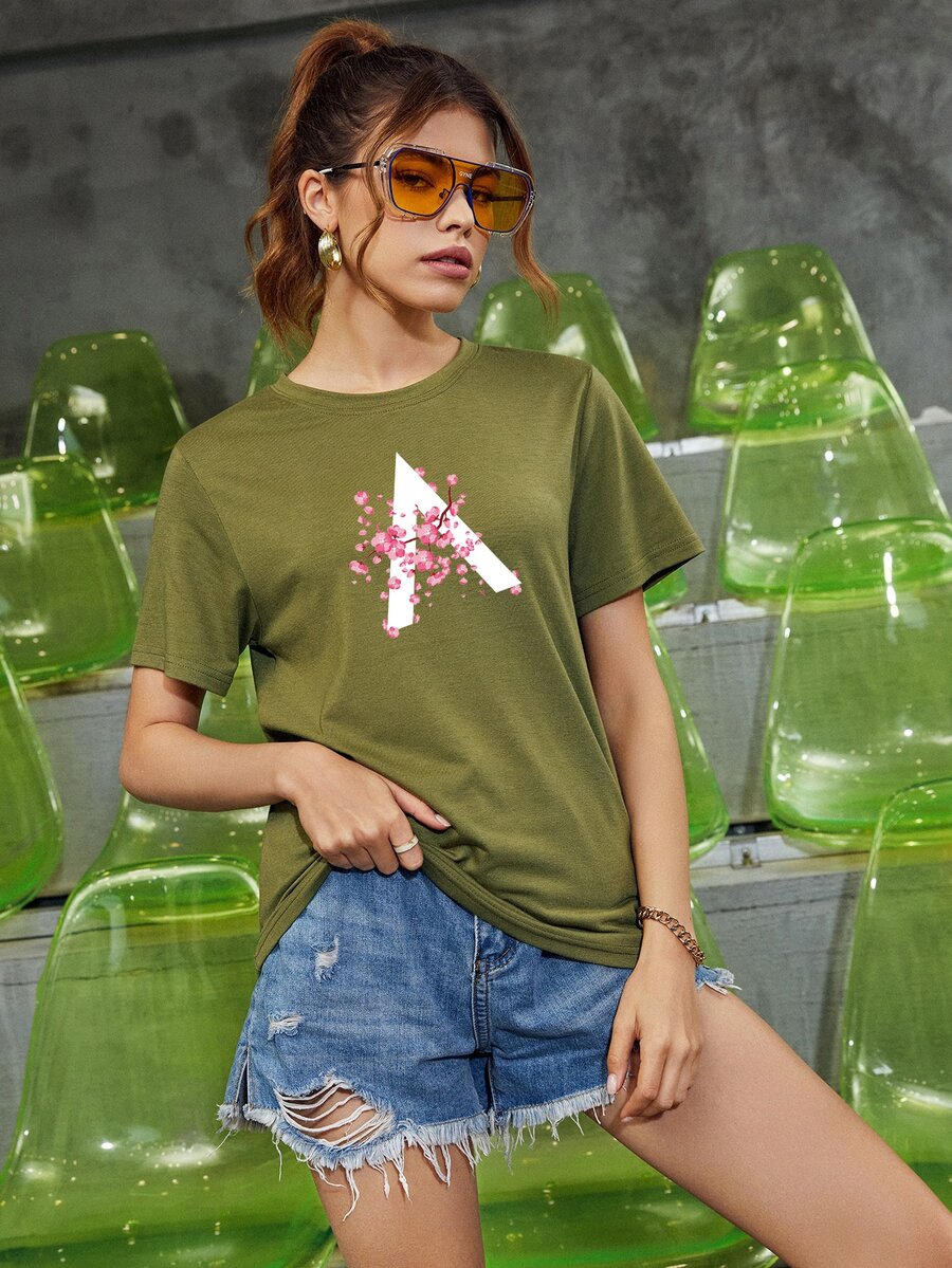 Letter & Floral Print Tee - Army Green - View 1