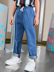 SHEIN Niños Pantalones con cordón con bolsillo oblicuo - Neblina azul - Ver 3