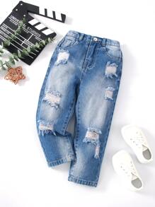 Toddler Boys Ripped Frayed Bleach Wash Jeans - Medium Wash - View 1