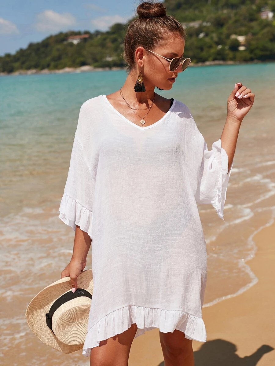 Ruffle Hem Cover Up, For Summer Beach Vacation - White - View 1
