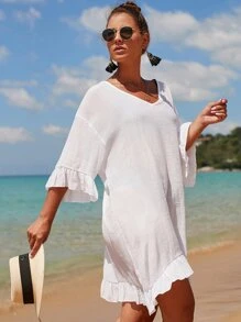 Ruffle Hem Cover Up, For Summer Beach Vacation - White - View 3