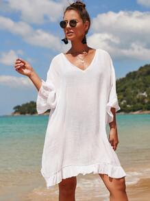 Ruffle Hem Cover Up, For Summer Beach Vacation - White - View 4