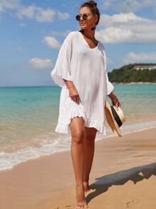 Ruffle Hem Cover Up, For Summer Beach Vacation - White - View 5