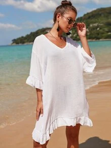 Ruffle Hem Cover Up, For Summer Beach Vacation - White - View 7