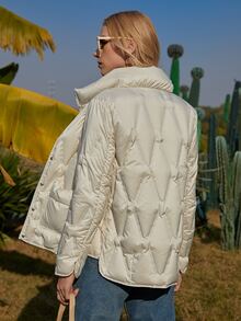 ZIAI Button Front Double Pocket Padded Coat - Beige - View 2