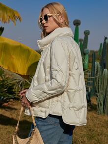 ZIAI Button Front Double Pocket Padded Coat - Beige - View 5