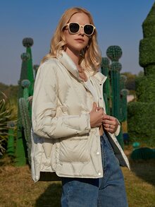 ZIAI Button Front Double Pocket Padded Coat - Beige - View 6