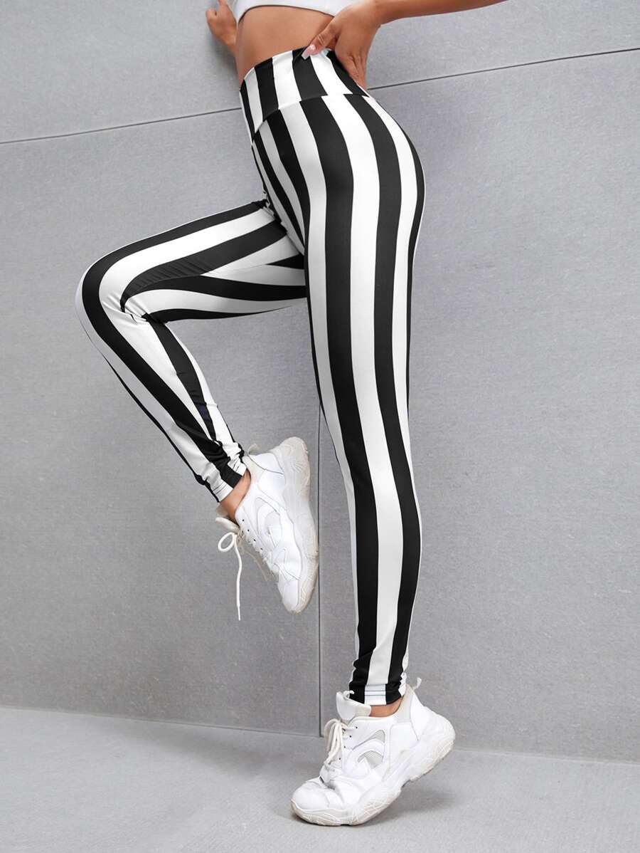 Leggings de cintura ancha de rayas verticales - Blanco y Negro - Ver 1