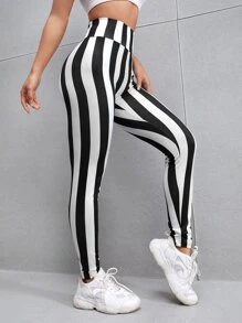 Leggings de cintura ancha de rayas verticales - Blanco y Negro - Ver 3