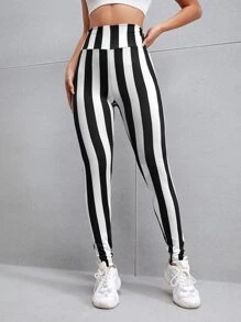 Leggings de cintura ancha de rayas verticales - Blanco y Negro - Ver 4
