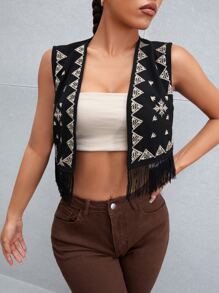 SHEIN Holidaya Áo khoác nữ mép Hình học Giải trí - màu đen - Xem 4