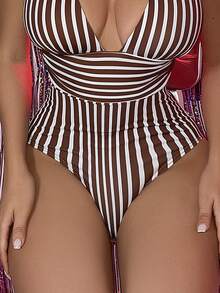 Traje de baño de una pieza fruncido a rayas, para vacaciones de verano en la playa - Marrón - Ver 4