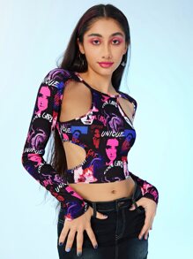 SHEIN ICON Letter And Figure Graphic Cut Out Tee - Multicolor - View 3