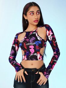 SHEIN ICON Letter And Figure Graphic Cut Out Tee - Multicolor - View 6