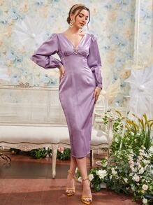 Modelyn Pearl Beaded Tie Back Lantern Sleeve Satin Dress Long Evening Dresses - Mauve Purple - View 2