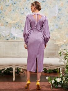 Modelyn Pearl Beaded Tie Back Lantern Sleeve Satin Dress Long Evening Dresses - Mauve Purple - View 5