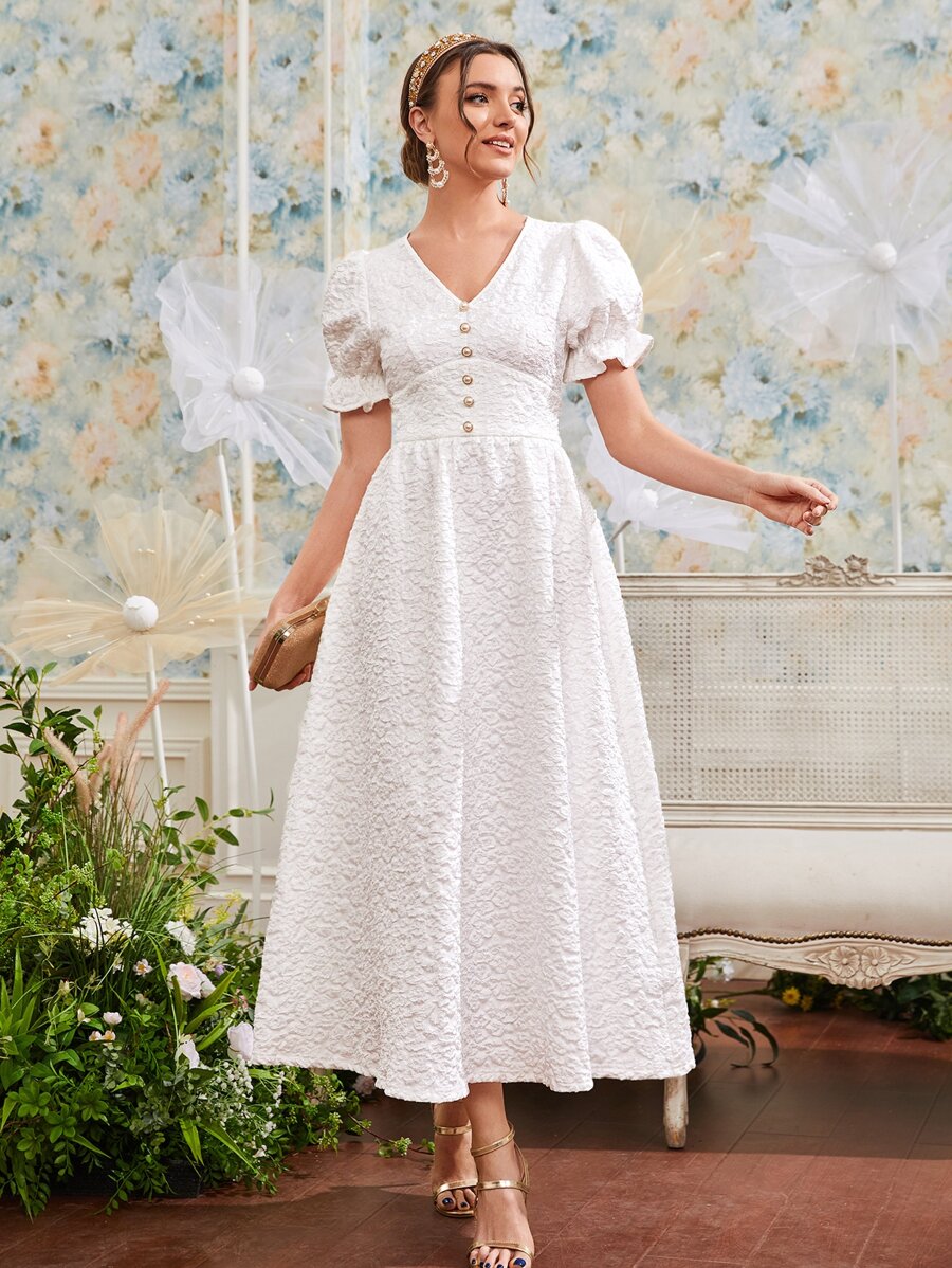 Modelyn 1 pieza Vestido de manga con volante con botón delantero bajo amplio - Blanco - Ver 1