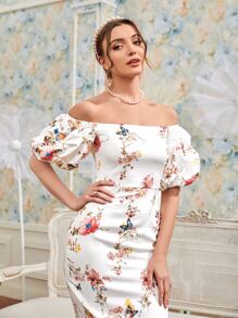 Modelyn Floral Print Off Shoulder Bodycon Dress Long Evening Dresses - White - View 3