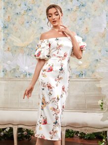 Modelyn Floral Print Off Shoulder Bodycon Dress Long Evening Dresses - White - View 5