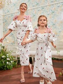 Modelyn 1入組肩帶打結泡泡袖櫻桃圖案洋裝 - 白色 - 查看 3