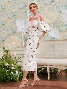 Modelyn 1入組肩帶打結泡泡袖櫻桃圖案洋裝 - 白色 - 查看 4