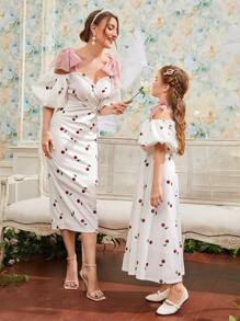 Modelyn 1入組肩帶打結泡泡袖櫻桃圖案洋裝 - 白色 - 查看 5