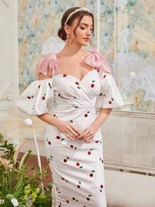 Modelyn 1入組肩帶打結泡泡袖櫻桃圖案洋裝 - 白色 - 查看 7