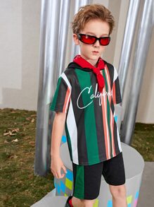SHEIN Boys Letter Graphic Striped Colourblock Hoodie & Track Shorts Set - Multicolor - View 3
