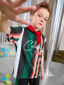 SHEIN Boys Letter Graphic Striped Colourblock Hoodie & Track Shorts Set - Multicolor - View 8