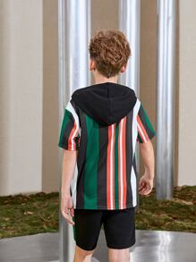 SHEIN Boys Letter Graphic Striped Colourblock Hoodie & Track Shorts Set - Multicolor - View 4