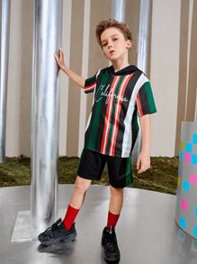 SHEIN Boys Letter Graphic Striped Colourblock Hoodie & Track Shorts Set - Multicolor - View 5