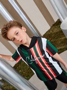 SHEIN Boys Letter Graphic Striped Colourblock Hoodie & Track Shorts Set - Multicolor - View 6